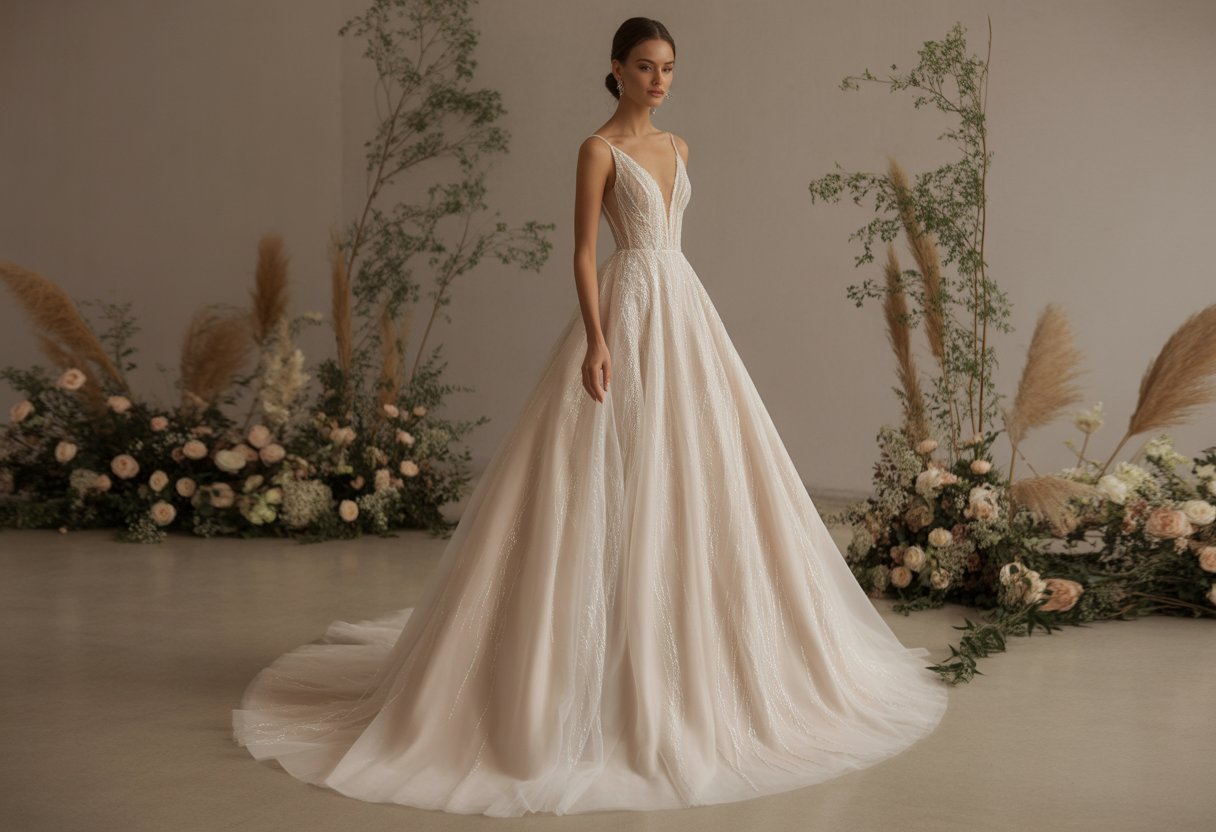 A bride wearing a beautiful wedding dress standing in a softly lit room with floral decorations around her.